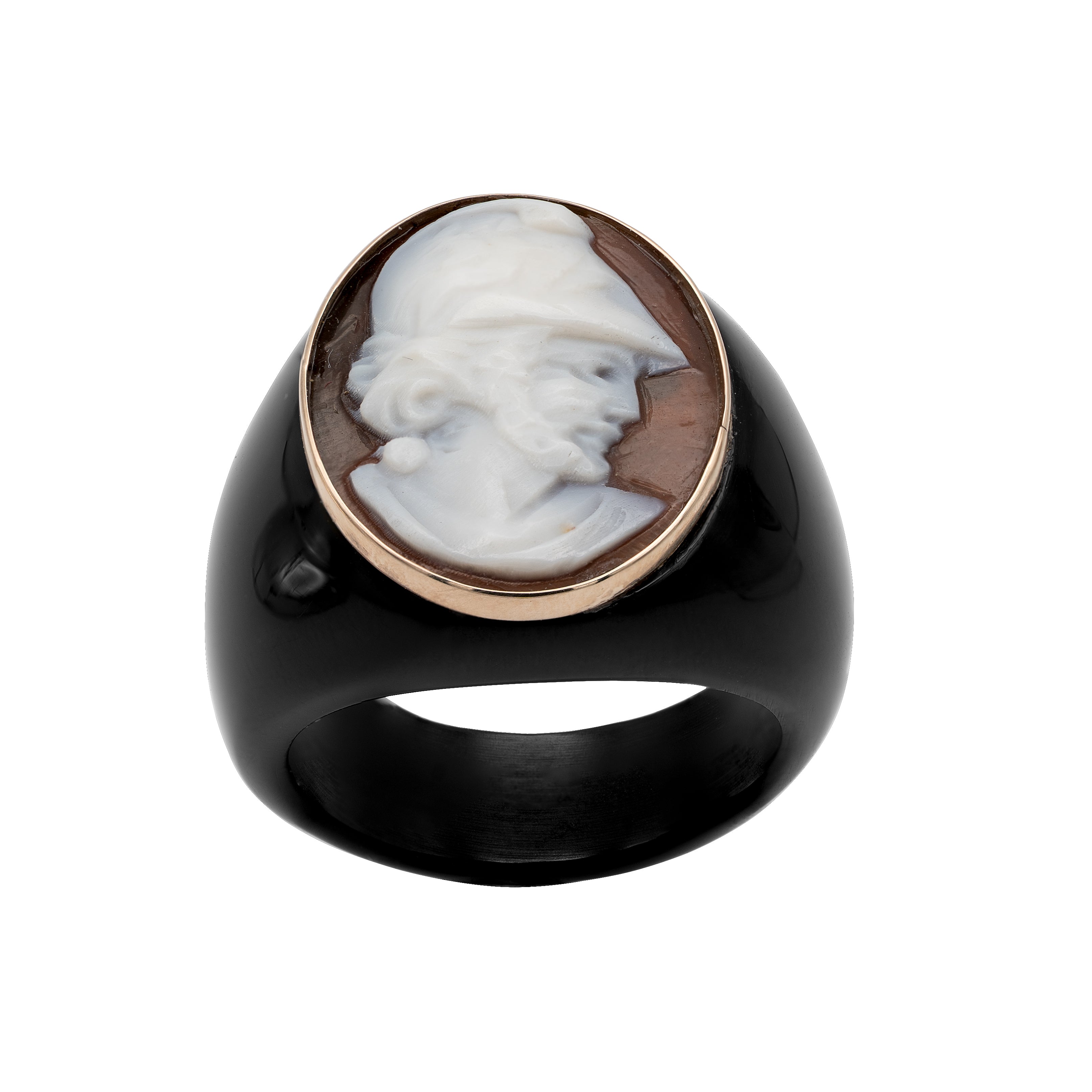 ANELLO IN ORO 18KT E BACHELITE CON CAMEO MILITARE