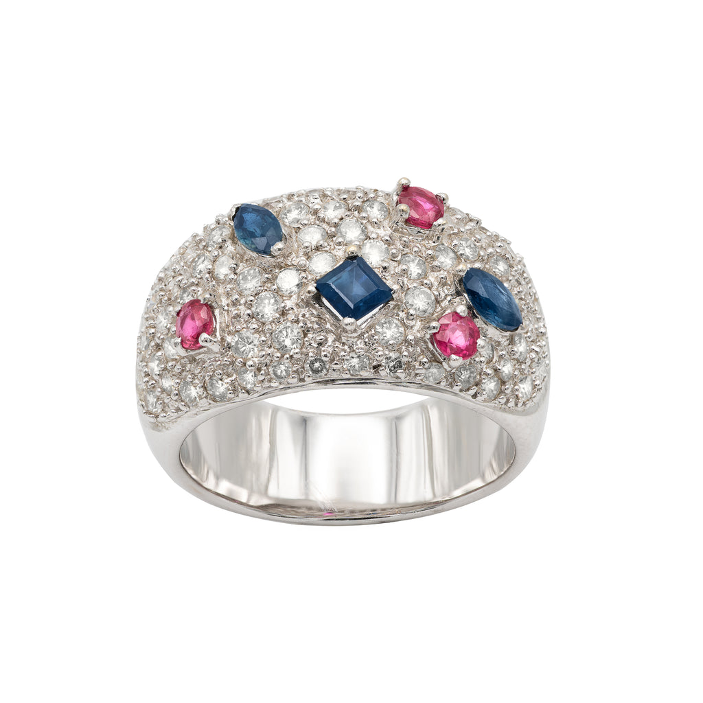 ANELLO FASCIA IN ORO BIANCO 18KT DIAMANTI ZAFFIRI RUBINI NATURALI