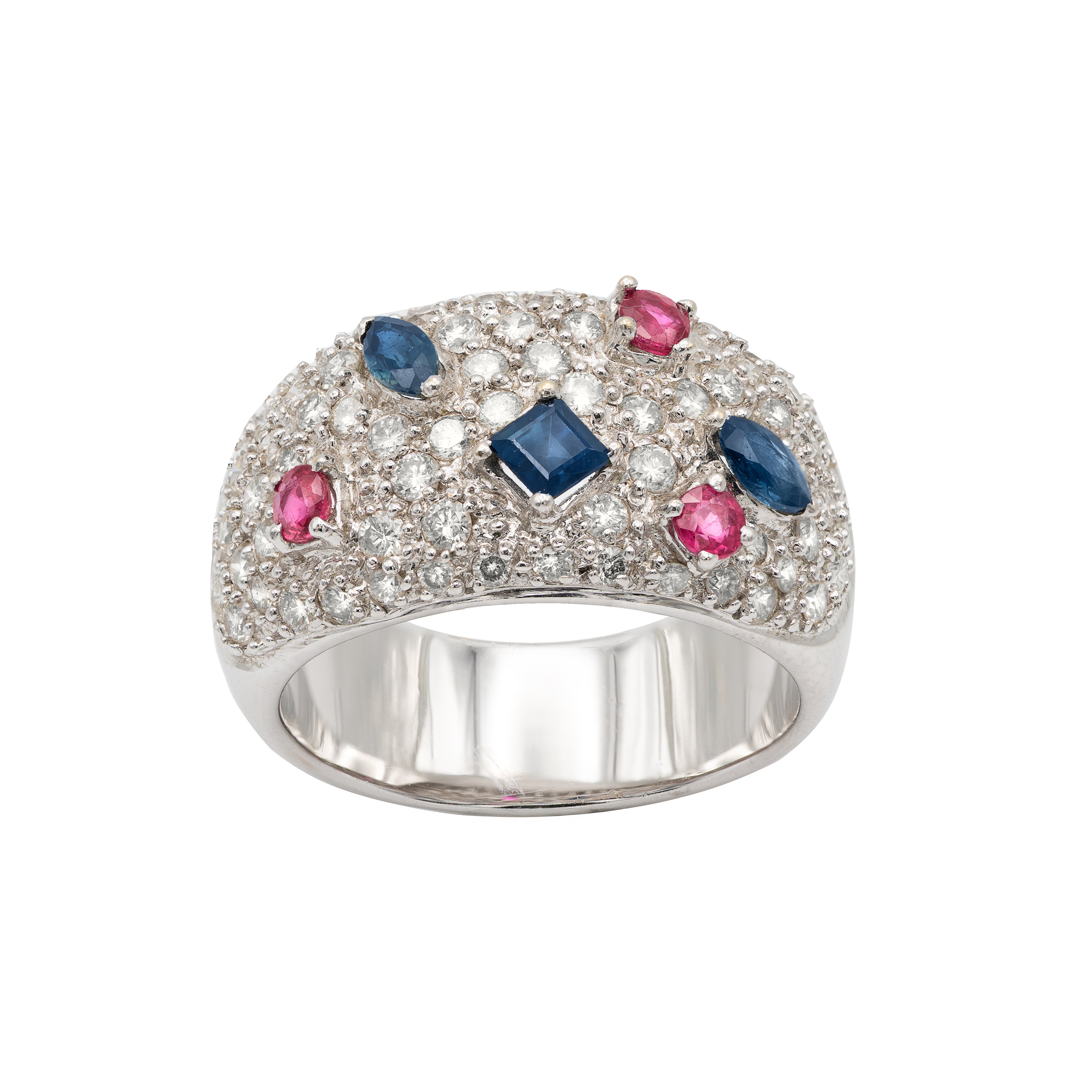 ANELLO FASCIA IN ORO BIANCO 18KT DIAMANTI ZAFFIRI RUBINI NATURALI