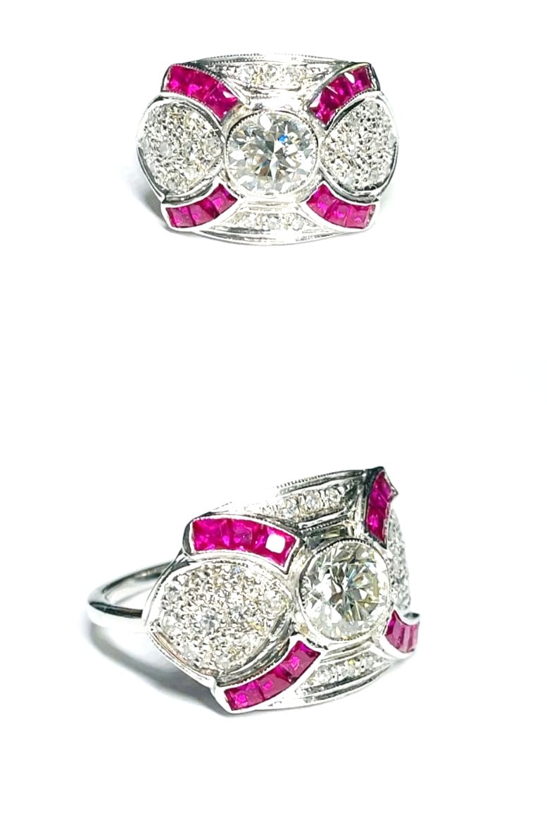 ANELLO ART DECO' IN ORO BIANCO 18KT DIAMANTI E RUBINI NATURALI