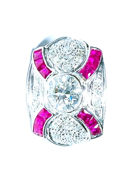 ANELLO ART DECO' IN ORO BIANCO 18KT DIAMANTI E RUBINI NATURALI