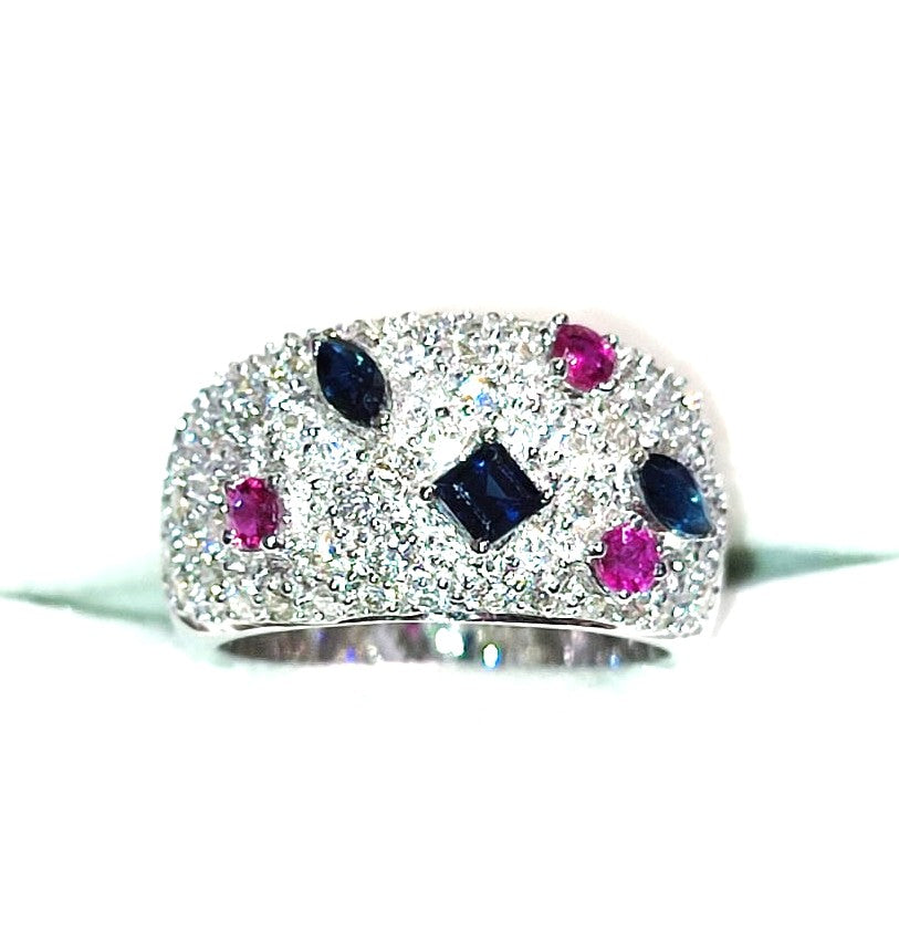 ANELLO FASCIA IN ORO BIANCO 18KT DIAMANTI ZAFFIRI RUBINI NATURALI