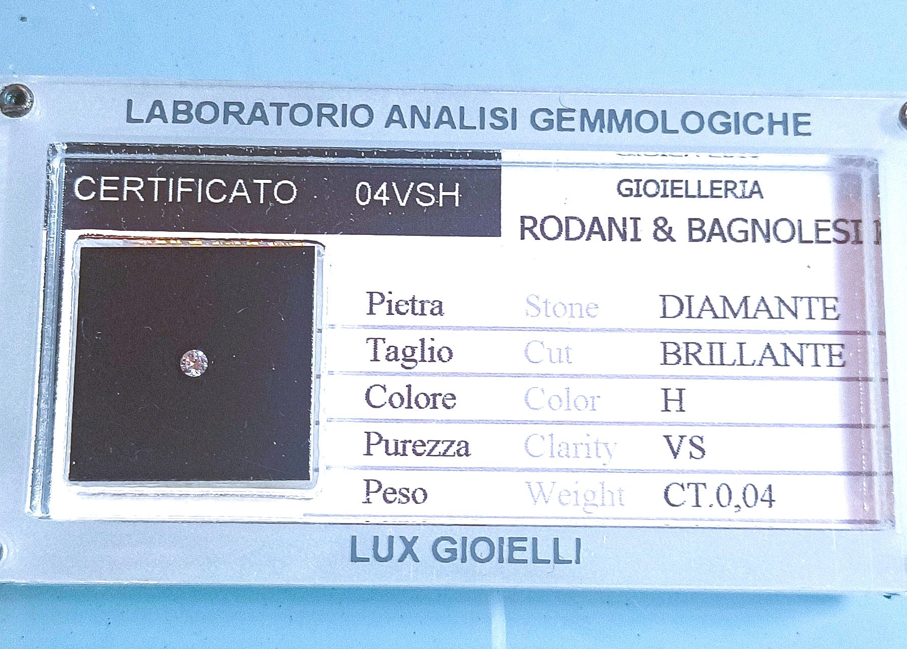 DIAMANTE CERTIFICATO BLISTERATO   KT 0,04 H COLOR VS