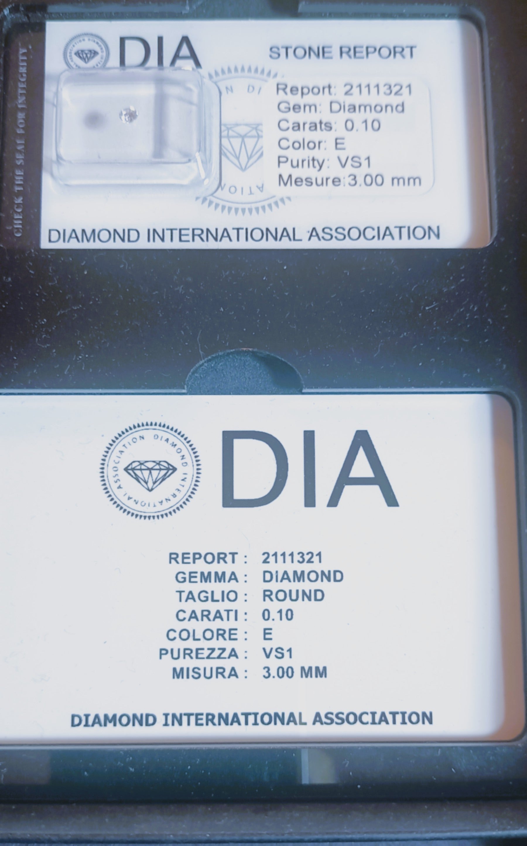 DIAMANTE BLISTERATO DIA  KT 0,10  E COLOR VS1