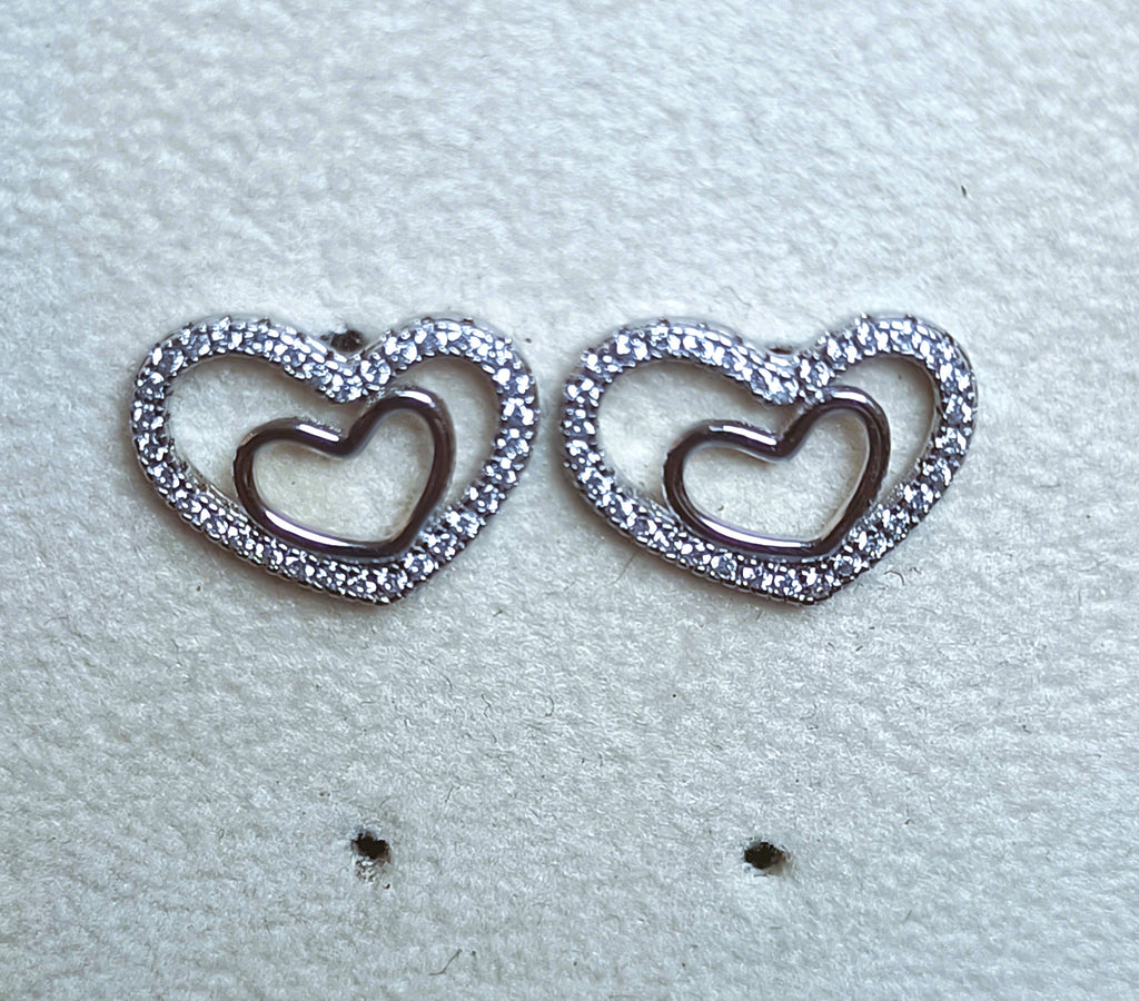 ORECCHINI IN ARGENTO 925 , DESIGN DOPPIO CUORE E ZIRCONI