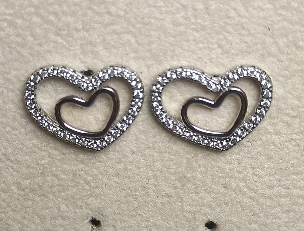 ORECCHINI IN ARGENTO 925 , DESIGN DOPPIO CUORE E ZIRCONI