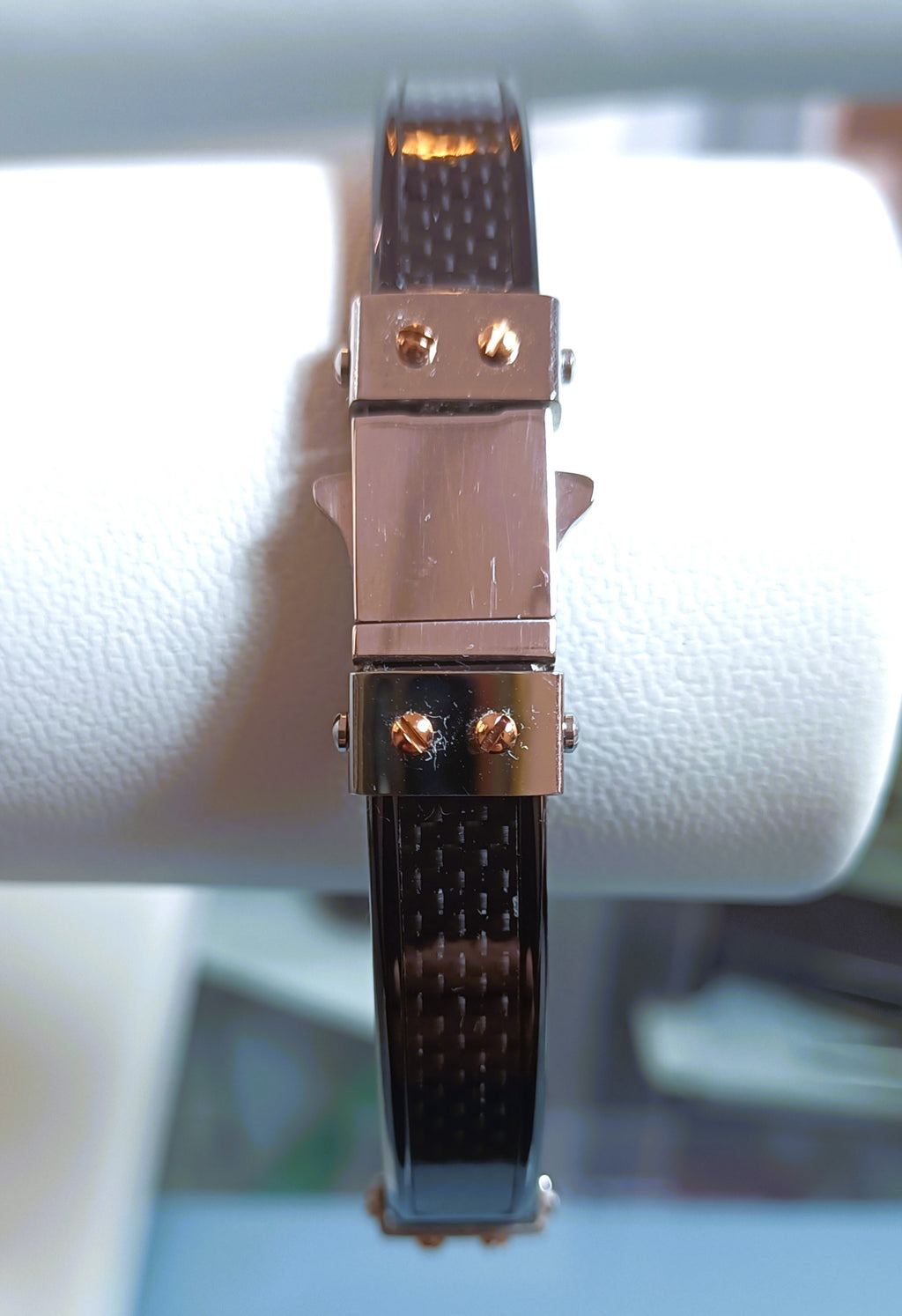 BRACCIALE  ACCIAIO PVD "ROSSO AMANTE" E FIBRA DI CARBONIO 19.5