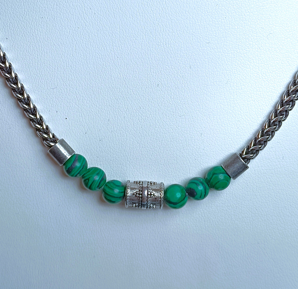 COLLANA IN ACCIAIO ANALLERGICO E MALACHITE  " ROSSO AMANTE"