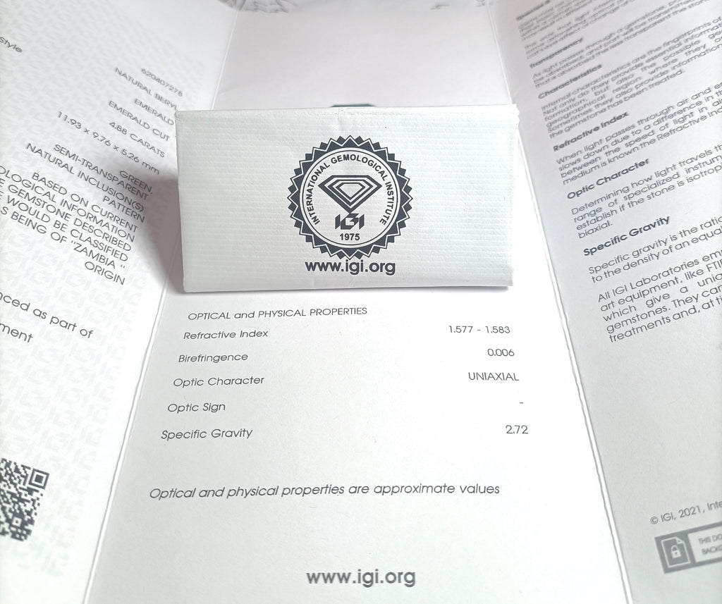 SMERALDO NATURALE SEMI TRASPARENT 4,88 KT CERTIFICATO I.G.I