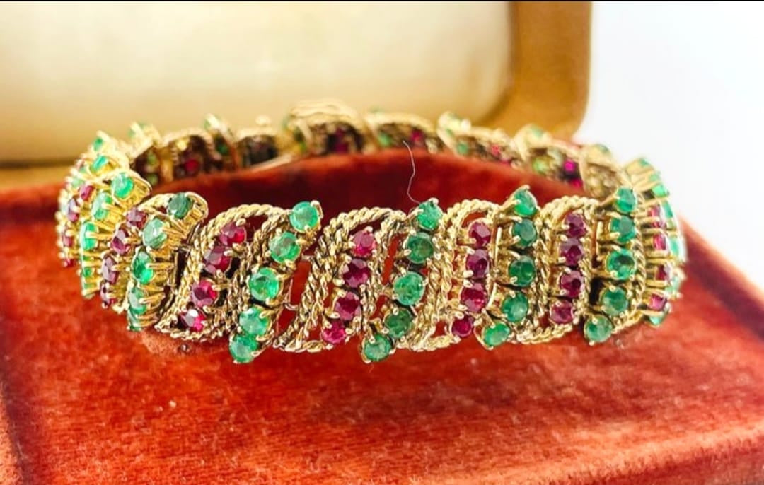 BRACCIALE ANNI 50 IN ORO GIALLO 18KT  PIETRE PREZIOSE..... SMERALDI E RUBINI NATURALI