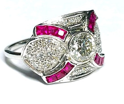 ANELLO ART DECO' IN ORO BIANCO 18KT DIAMANTI E RUBINI NATURALI