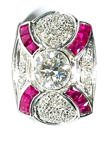 ANELLO ART DECO' IN ORO BIANCO 18KT DIAMANTI E RUBINI NATURALI