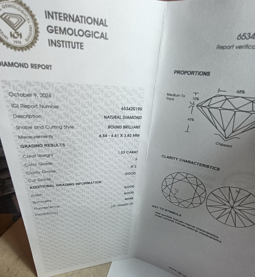 DIAMANTE NATURALE DA COLLEZIONE O PER SOLITARIO KT 1,03 CERTIFICATO I.G.I