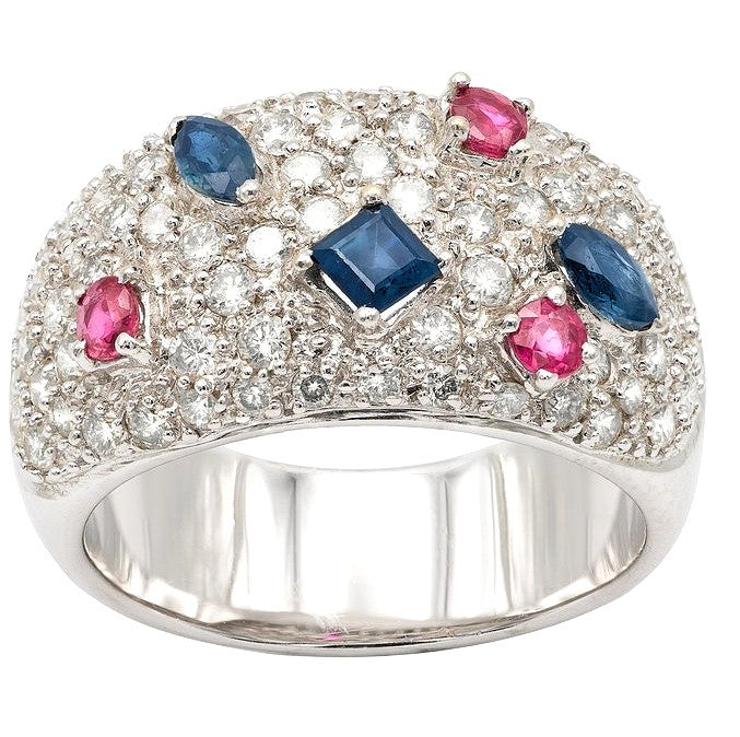 ANELLO FASCIA IN ORO BIANCO 18KT DIAMANTI ZAFFIRI RUBINI NATURALI