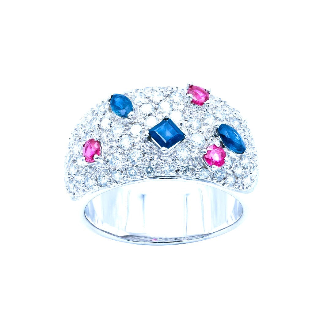 ANELLO FASCIA IN ORO BIANCO 18KT DIAMANTI ZAFFIRI RUBINI NATURALI